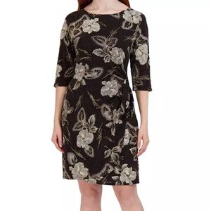 SIGNATURE BY ROBBIE BEE Black/Gold Metallic Floral Side Knot Sheath Dress SZ PM